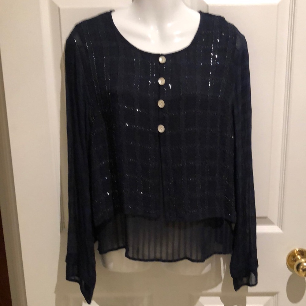 Navy Blue Sheer Women's Top with Beading Detail